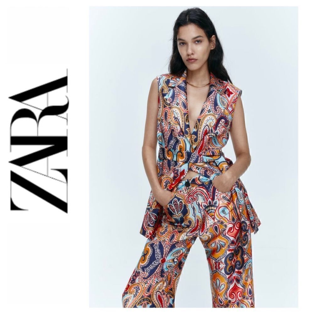 NWT Zara Belted Printed Collared Sleeveless Waistcoat Vest, Size Small